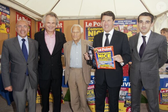 Jean d'Ormesson, Christian Estrosi, Eric Ciotti et Franz-Olivier Giesbert au Festival du Livre de Nice, le 8 juin 2012.