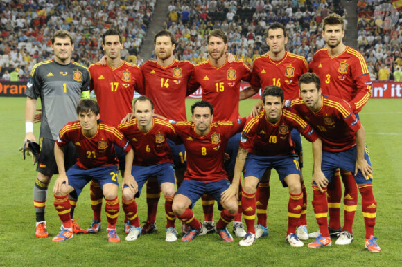 La sélection espagnole lors de la défaite de l'équipe de France face à l'Espagne en quart de finale de l'Euro 2012 à Donetsk le 23 juin 2012