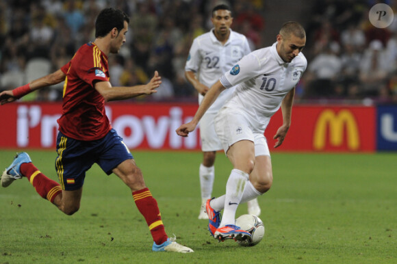 Karim Benzema lors de la défaite de l'équipe de France face à l'Espagne en quart de finale de l'Euro 2012 à Donetsk le 23 juin 2012