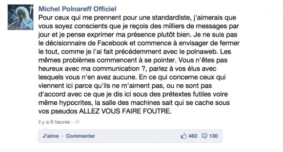 Message de Michel Polnareff sur Facebook, le dimanche 8 juillet 2012.