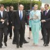 Albert et Charlene de Monaco, après avoir été accueillis à Berlin par le président Joachim Gauck et sa compagne Daniella Schadt, ont rencontré le ministre des Affaires Etrangères Guido Westerwelle dans le cadre d'une promenade fluviale, le 9 juillet 2012.
