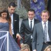 Sandro Rossel, patron du FC Barcelone, Xavi et Sergi Busquets lors du mariage d'Andrès Iniesta et Anna Ortiz le 8 juillet 2012 au château Castillo de Tamarit en Tarragone