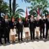 Albert et Charlene ont posé avec la délégation monégasque. Le prince Albert de Monaco et la princesse Charlene procédaient le 12 juillet 2012 à la présentation de la délégation olympique monégasque pour les JO de Londres 2012, à l'Hôtel Hermitage. Six athlètes porteront les couleurs de la principauté.