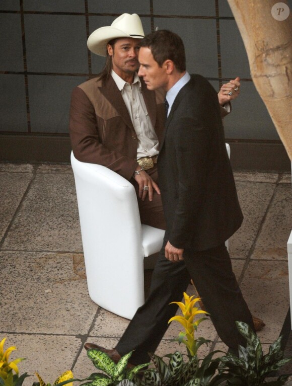 Brad Pitt et Michael Fassbender sur le tournage de The Counselor à Londres le 31 juillet 2012