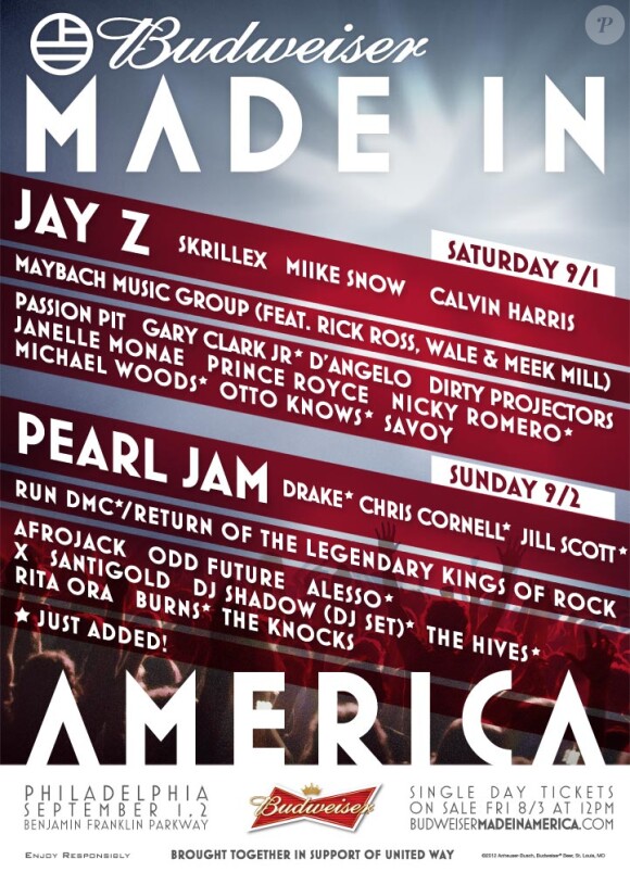 Voici l'affiche du festival Made In America, qui se tiendra à Philadelphie les 1er et 2 septembre.