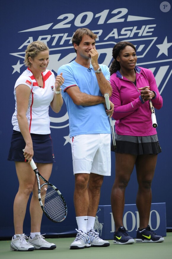 Roger Federer, Serena Williams et Kim Clijsters lors du 17e Arthur Ashe Kids' Day au USTA Billie Jean King National Tennis Center in Flushing Meadows à New York le 26 août 2012