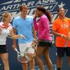 Kim Clijsters, Serena Williams, Roger Federer et Andy Roddick lors du 17e Arthur Ashe Kids' Day au USTA Billie Jean King National Tennis Center in Flushing Meadows à New York le 26 août 2012