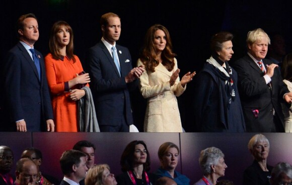 David et Samantha Cameron, le prince William et Kate Middleton, la princesse Anne et Boris Johnson dans la royal box lors de la cérémonie d'ouverture des Jeux paralympiques le 29 août 2012 à Londres.