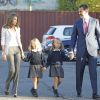 Letizia et Felipe d'Espagne accompagnent leurs fillettes Leonor et Sofía pour leur premier jour d'école, à Madrid, le 14 septembre 2012.