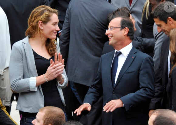 François Hollande et Camille Muffat (natation) - Réception à l'Elysée des médaillés olympiques et paralympiques de Londres, le 17 septembre 2012.
