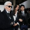 Jean-Luc Delarue et Anissa (en compagnie de Karl Lagerfeld), en janvier 2012 à Paris.