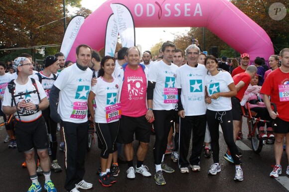 Aïda Touihri, Xavier de Moulins, Raymond Domenech et Estelle Denis lors de la 10e édition de de la course Odyssea au profit de de la lutte contre le cancer du sein au château de Vincennes le 7 Octobre 2012