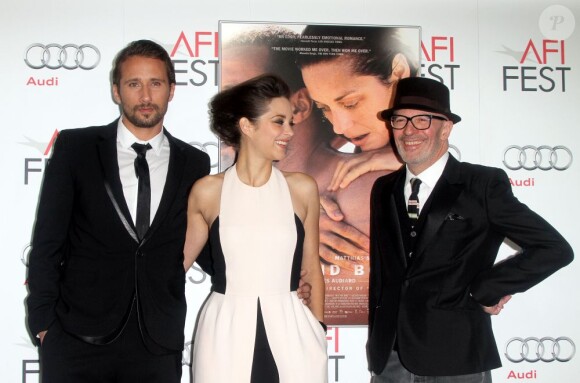 Matthias Schoenaerts, Marion Cotillard et Jacques Audiard lors de la présentation du film De rouille et d'os dans le cadre du festival de l'American Film Institute à Los Angeles le 5 novembre 2012
