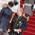 Le prince Albert II et la princesse Charlene de Monaco après la messe solennelle du Te Deum célébrée pour la Fête nationale le 19 novembre 2012.