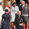 Le prince Albert, avec la princesse Charlene et suivi de ses soeurs les princesses Stéphanie et Caroline, devant la cathédrale de Monaco après la messe solennelle du Te Deum célébrée pour la Fête nationale le 19 novembre 2012.