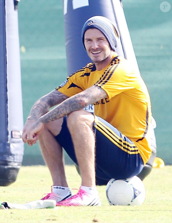 David Beckham souriant lors d'un entraînement du Galaxy de Los Angeles à Carson City le 21 novembre 2012