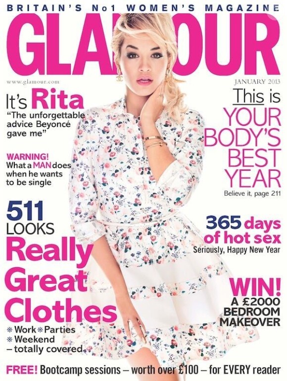 Rita Ora photographiée par Walter Chin, pose en couverture du magazine britannique Glamour de janvier 2013.