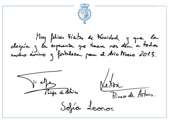 Le message de voeux du prince Felipe d'Espagne et de la princesse Letizia, signé par eux-mêmes et leurs filles. Décembre 2012.