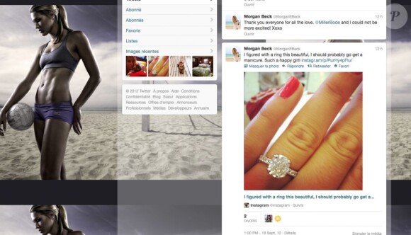 La beach-volleyeuse et mannequin Morgan Beck n'a pas résisté à exhiber sur son Twitter, en septembre 2012, la bague de fiançailles offerte par son futur époux, le skieur Bode Miller.