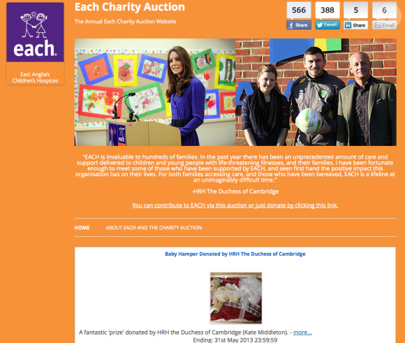 Homepage du site Each Charity Auction de l'association East Anglias Children's Hospices, dont Kate Middleton assure le patronage.