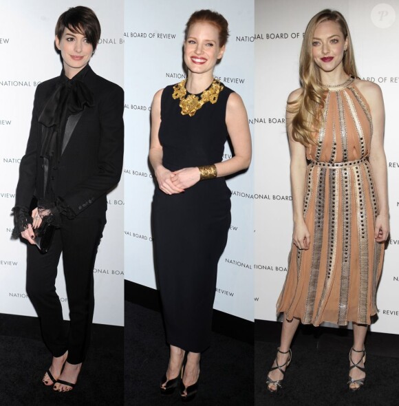 Anne Hathaway, Jessica Chastain et Amanda Seyfried lors des National Board of Review Awards à New York le 8 janvier 2013 (photomontage)
