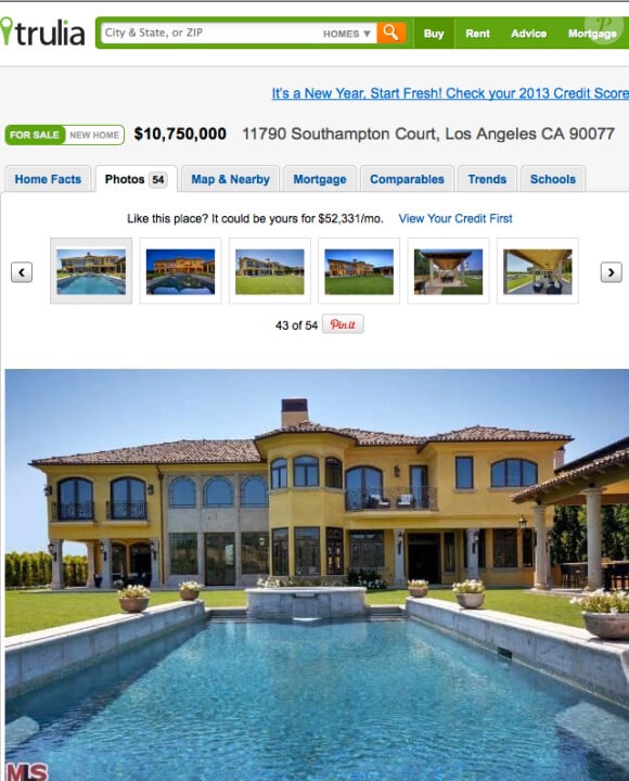Le site Trulia a mis en ligne des photos de la nouvelle maison de Kim Kardashian et Kanye West. Janvier 2013. La villa possède une piscine intérieure et une piscine extérieure.