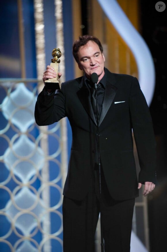Quentin Tarantino sur la scène du Beverly Hotel après avoir reçu son Golden Globe du meilleur scénario, le 13 janvier 2013.