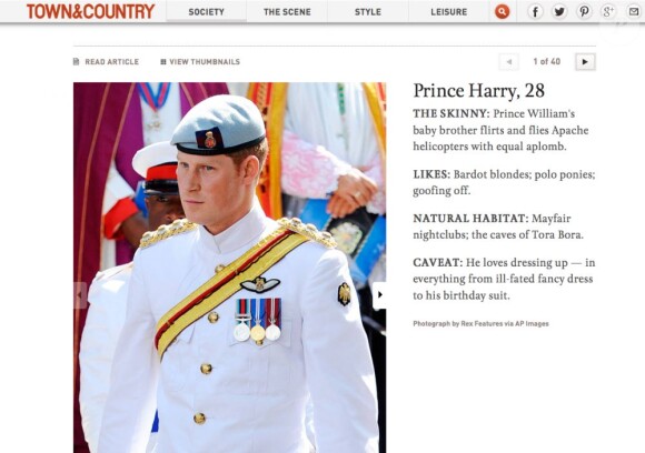 'Il flirte et pilote avec le même aplomb", dit sa fiche signalétique... Le mensuel américain Town & Country a désigné le prince Harry comme le célibataire le plus sexy dans un classement dévoilé en janvier 2013.
