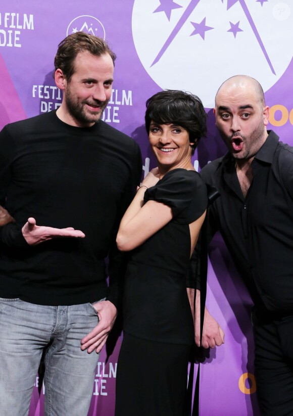 Fred Testot, Florence Foresti et Jérôme Commandeur posent lors du palmarès du 16e festival international du film de comédie, le 19 janvier 2013.