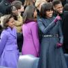 Michelle Obama et ses filles Sasha et Malia Obama lors de la cérémonie d'investiture de son mari Barack qui se tenait devant le Capitole de Washington le 21 janvier 2013