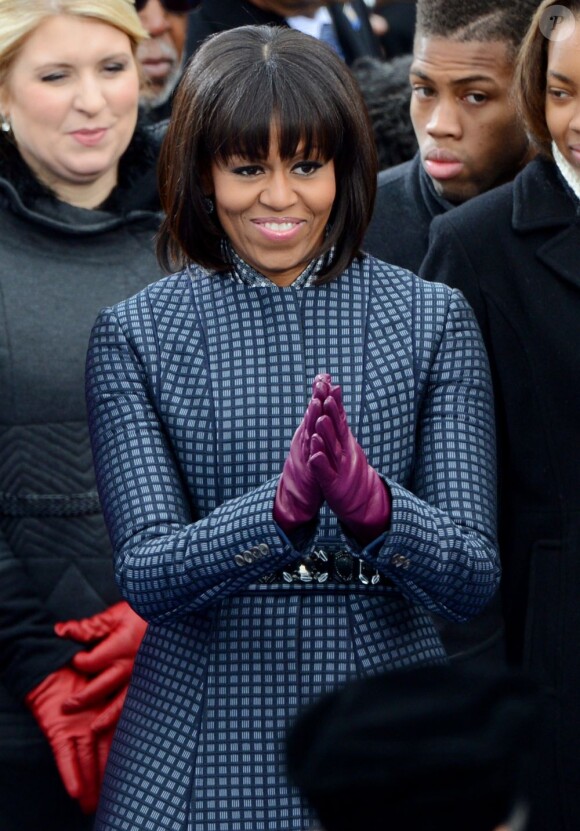 La First Lady Michelle Obama lors de la cérémonie d'investiture de son mari Barack qui se tenait devant le Capitole de Washington le 21 janvier 2013
