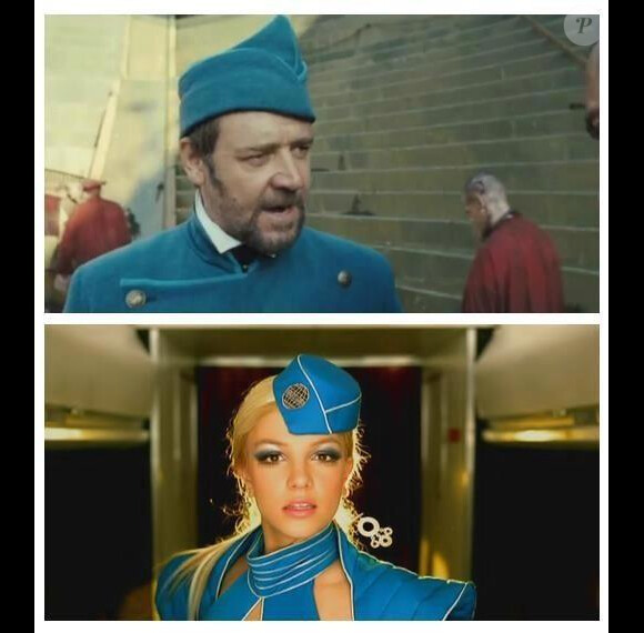 Russell Crowe et Britney Spears, jumeaux de costumes. Photo postée sur Twitter le 21 janvier 2013.