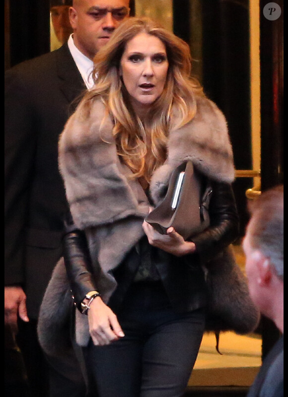 Celine Dion quitte son hôtel, le George V, pour se rendre sur le plateau de l'émission C à vous, le 28 novembre 2012, à Paris.