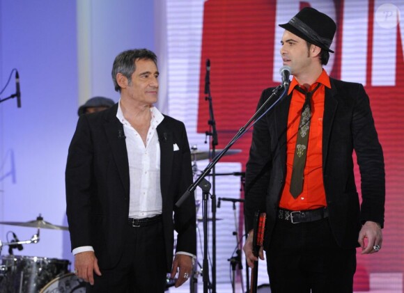 Gérard Lanvin et son fils Manu Lanvin lors de l'enregistrement de l'émission Vivement Dimanche, le 23 Janvier 2013