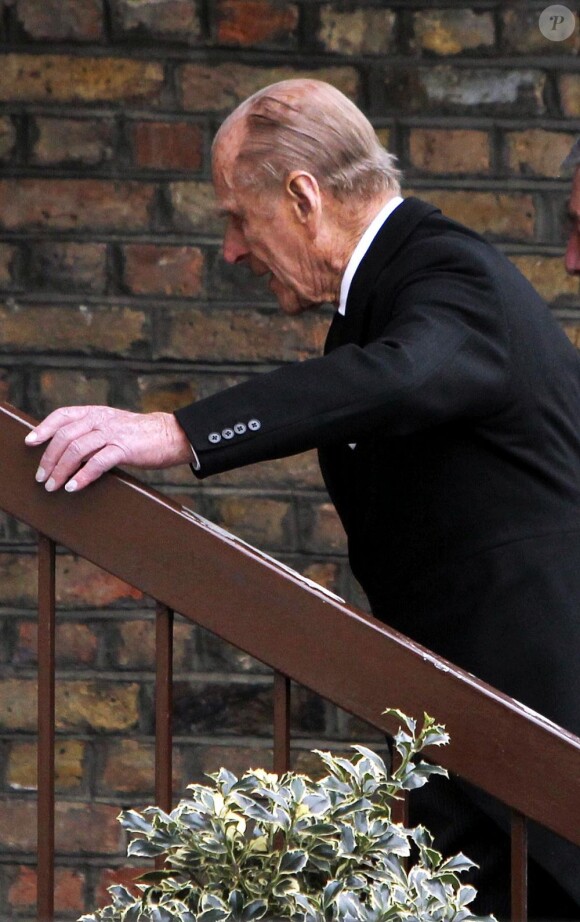 Le prince Philip, duc d'Edimbourg aux obsèques de sa nièce la princesse Margarita de Baden le 24 janvier 2013 en l'église orthodoxe de Serbie de l'ouest de Londres. La princesse est décédée le 15 janvier 2013 à 80 ans, dans le Surrey, des suites d'une longue maladie.