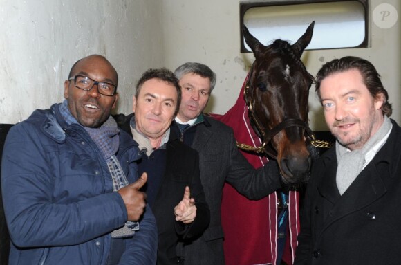 Lucien Jean-Baptiste, Fabien Onteniente, Philippe Allaire et son cheval Ready Cash lors du 92eme Grand Prix d'Amerique a l'hippodrome de Vincennes, le 27 janvier 2013.