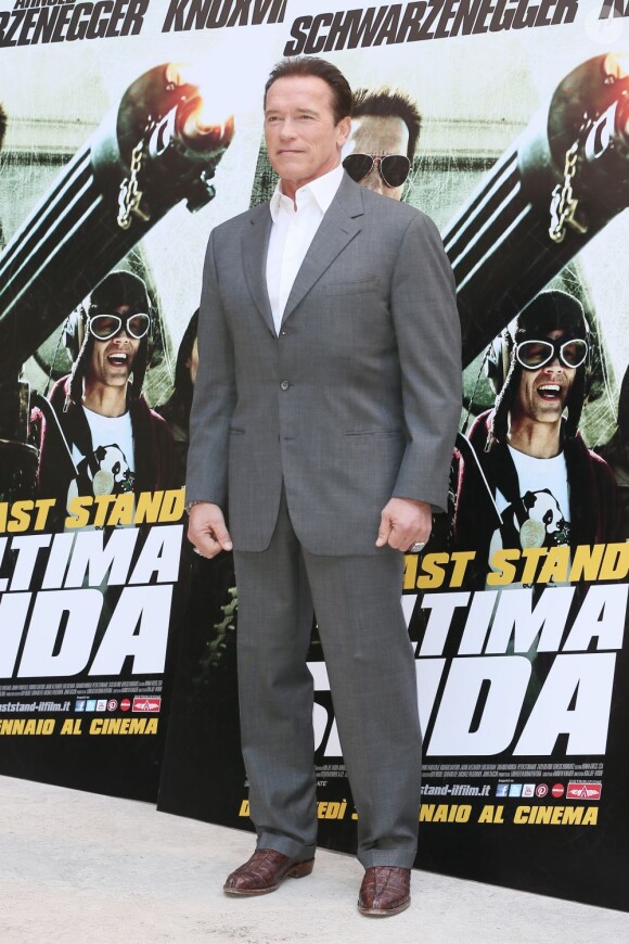 Arnold Schwarzenegger faisant la promotion à Rome du film Le Dernier Rempart le 25 janvier 2013