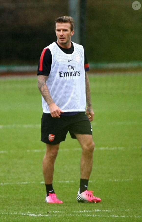 David Beckham lors d'un entraînement avec l'équipe d'Arsenal, le 29 janvier 2013 au Shenley Training Center de Shenley, afin de garder la forme en attendant de trouver un nouveau club