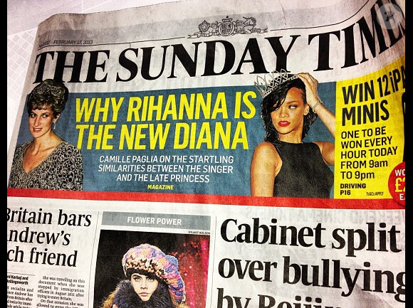 Rihanna était en couverture du journal The Sunday Times. Février 2013.