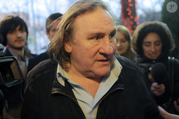 Gérard Depardieu à Moscou le 22 février 2013 pour la réouverture du cinéma Illusion, dont le propriétaire est son ami Nikolaï Borodatchev, directeur du Fonds d'archives cinématographiques russes.