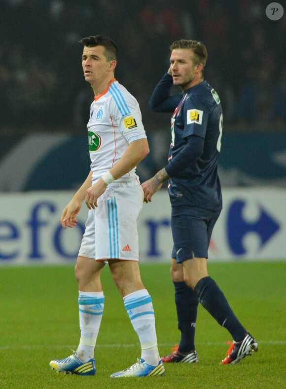 David Beckham et Joey Barton lors du match entre le Paris Saint-Germain et l'Olympique de Marseille (2-0) le 27 février 2013 au Parc des Princes à Paris