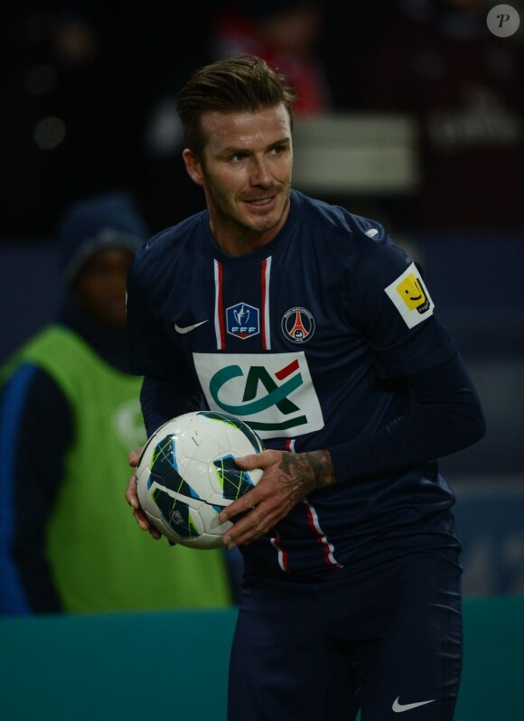 David Beckham, heureux de retrouver le terrain lors du match entre le Paris Saint-Germain et l'Olympique de Marseille (2-0) le 27 février 2013 au Parc des Princes à Paris