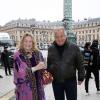 Marta Marzotto et Massimo Gargia arrivent à l'Espace Vendôme pour assister au défilé Moncler Gamme Rouge automne-hiver 2013. Paris, le 6 mars 2013.