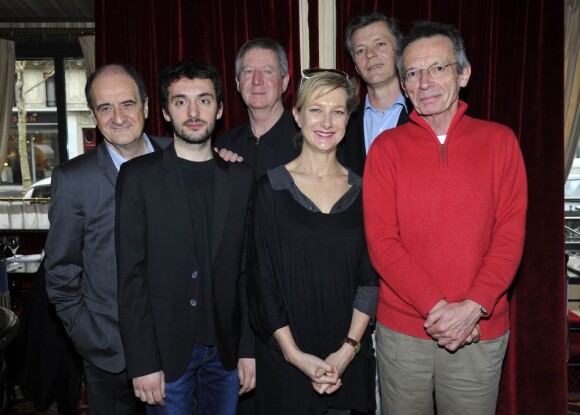 Pierre Lescure, Regis Wargnier, Anne Loiret, Nicolas Candoni et Patrice Leconte - Conférence de presse "Palmarès du Theatre 2013" à la brasserie Zimmer a Paris. Le 8 mars 2013.