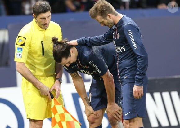 Zlatan Ibrahimovic et David Beckham pendant le match PSG-Nancy (2-1) au Parc des Princes à Paris le 9 mars 2013