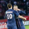 Zlatan Ibrahimovic et David Beckham fêtent leur victoire après le match PSG-Nancy (2-1) au Parc des Princes à Paris le 9 mars 2013