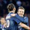 Zlatan Ibrahimovic et David Beckham fêtent leur victoire après le match PSG-Nancy (2-1) au Parc des Princes à Paris le 9 mars 2013