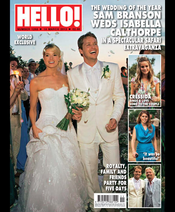 Couverture du magazine Hello! sur laquelle on peut voir une photo du mariage entre Sam Branson, fils de Richards Branson et l'actrice Isabella Calthorpe.