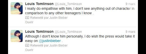 Louis Tomlinson des One Direction a lui aussi apporté son soutien à Justin Bieber.