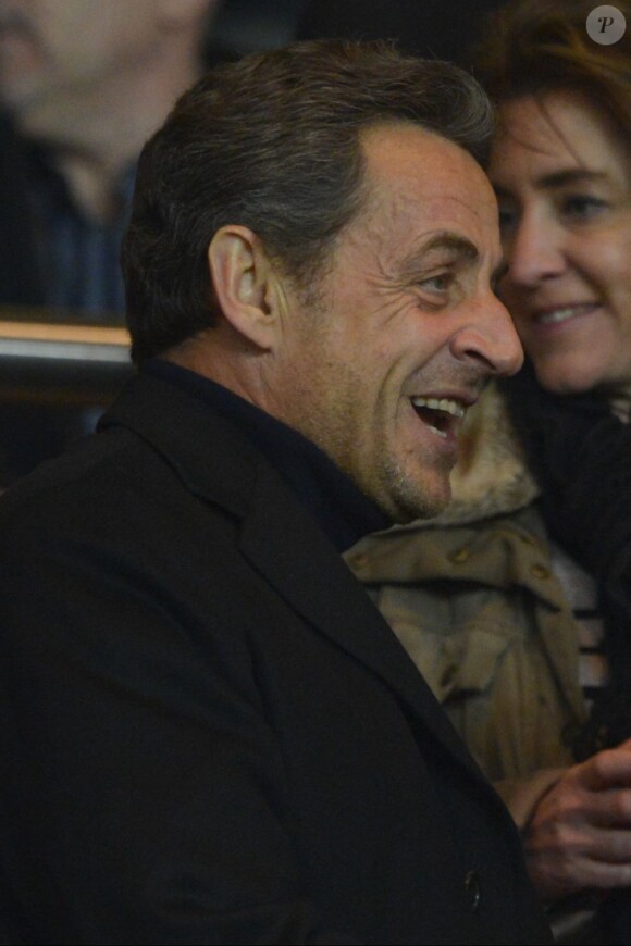 Nicolas Sarkozy ravi du score à la rencontre PSG - Montpellier au Parc des Princes, Paris, le 29 mars 2013.